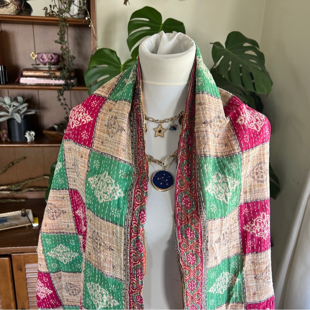 Kantha Vibrant Multicolor Scarf Wrap Shrug or Table Runner Decor NWOT - Picture 6 of 13